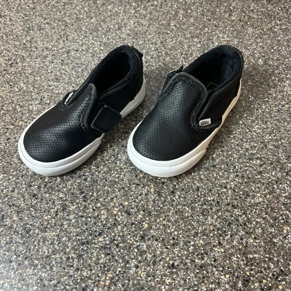 Vans Classic Little Kids Toddler Sz 6 Black Leather Sneaker Shoe Snap On Low Top